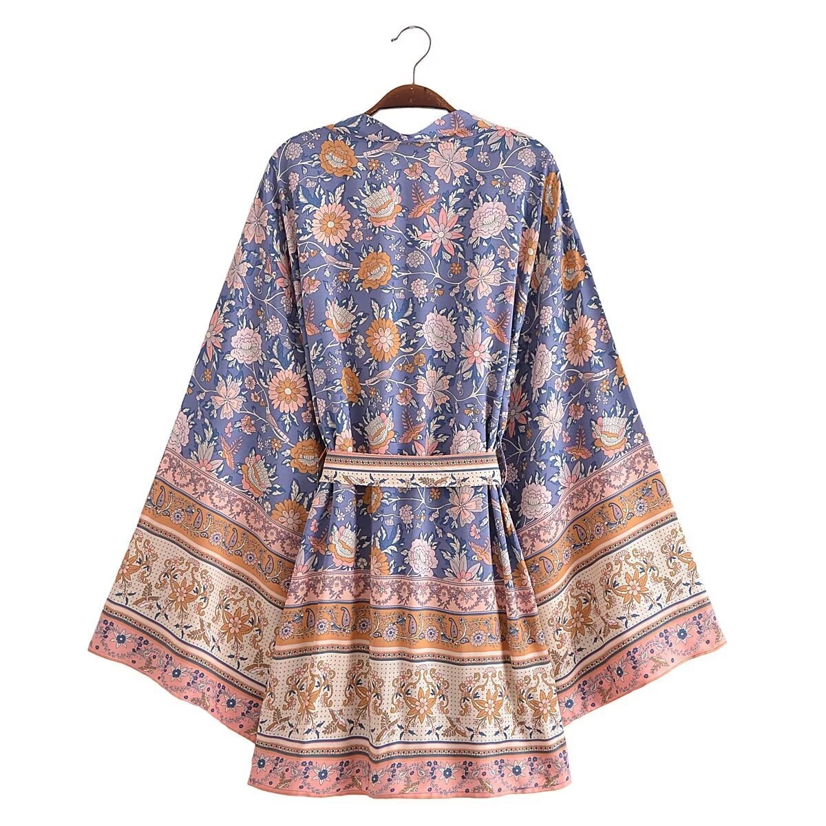 Cotton Kimono Boho Floral Print Sashes Women Bohemian V Neck Batwing Sleeves Short Robe Kimono ,Gifts For Women,Holiday Gifts