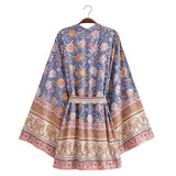 Cotton Kimono Boho Floral Print Sashes Women Bohemian V Neck Batwing Sleeves Short Robe Kimono ,Gifts For Women,Holiday Gifts