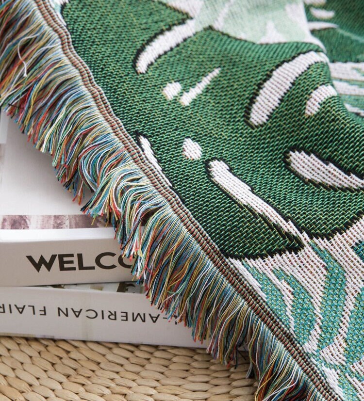 Tropical rain forest green leaves jacquard Woven Blankets, Sofa Blanket, Picnic blanket,Beach blanke,Double-Sided Use,Housewarming gift.