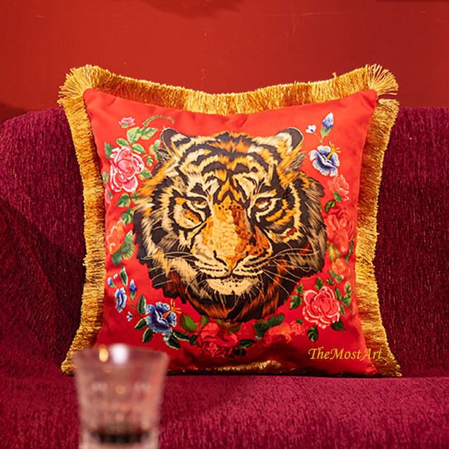 Luxury Red/Peacock Blue Heavy Velvet Printed Tiger Retro Inspired Pillow Cover,Tassel Decorative Pillows, Housewarming gift