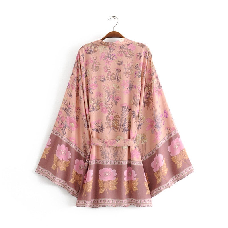 Cotton Kimono Boho Floral Print Sashes Women Bohemian V Neck Batwing Sleeves Short Robe Kimono ,Gifts For Women,Holiday Gifts