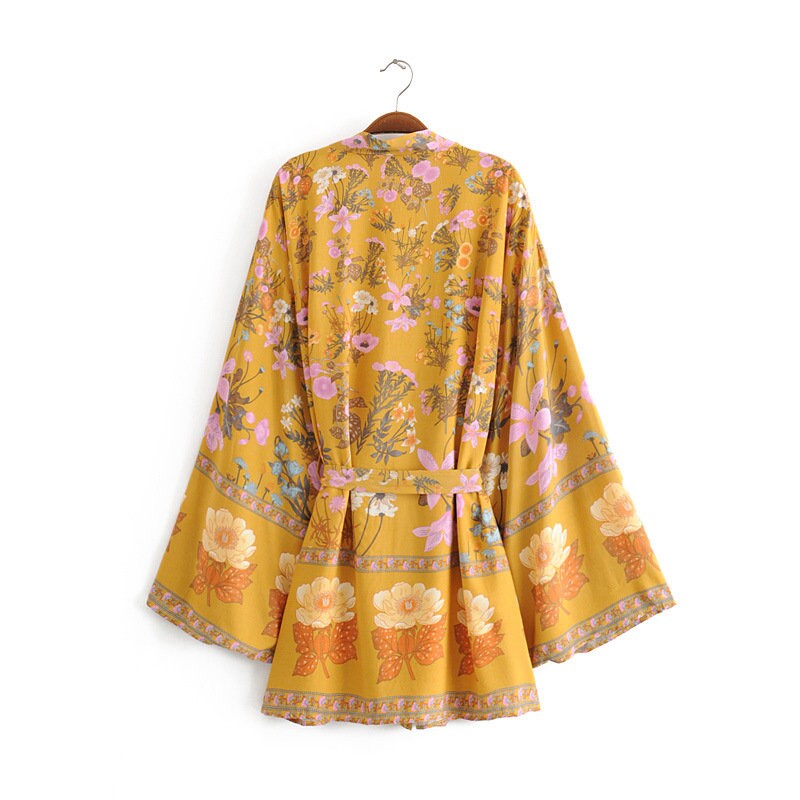 Cotton Kimono Boho Floral Print Sashes Women Bohemian V Neck Batwing Sleeves Short Robe Kimono ,Gifts For Women,Holiday Gifts