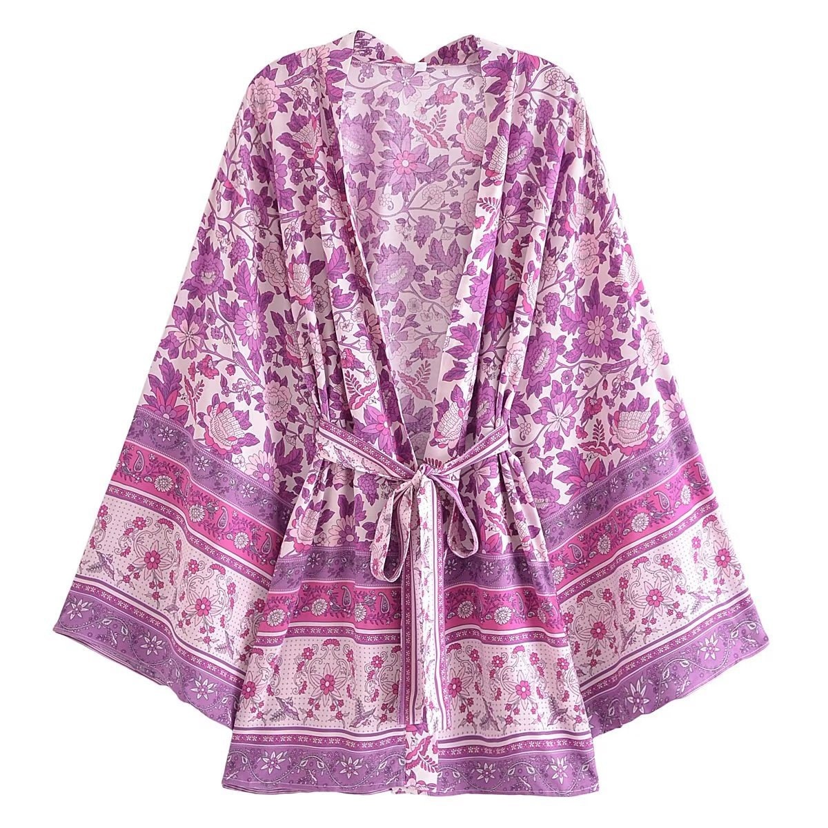 Cotton Kimono Boho Floral Print Sashes Women Bohemian V Neck Batwing Sleeves Short Robe Kimono ,Gifts For Women,Holiday Gifts