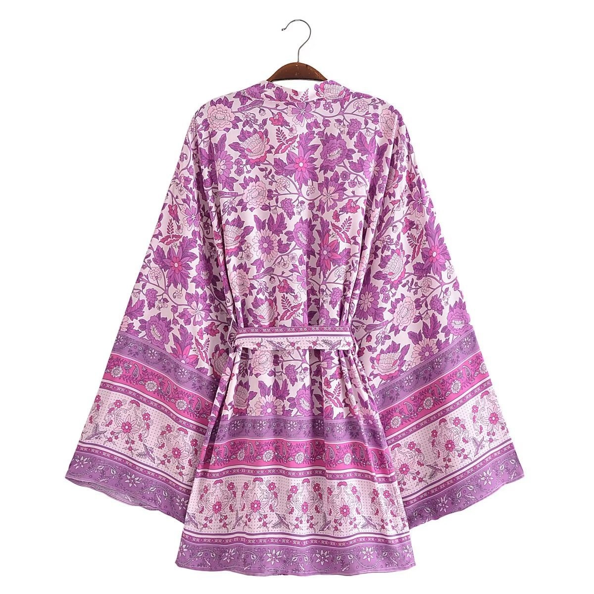 Cotton Kimono Boho Floral Print Sashes Women Bohemian V Neck Batwing Sleeves Short Robe Kimono ,Gifts For Women,Holiday Gifts