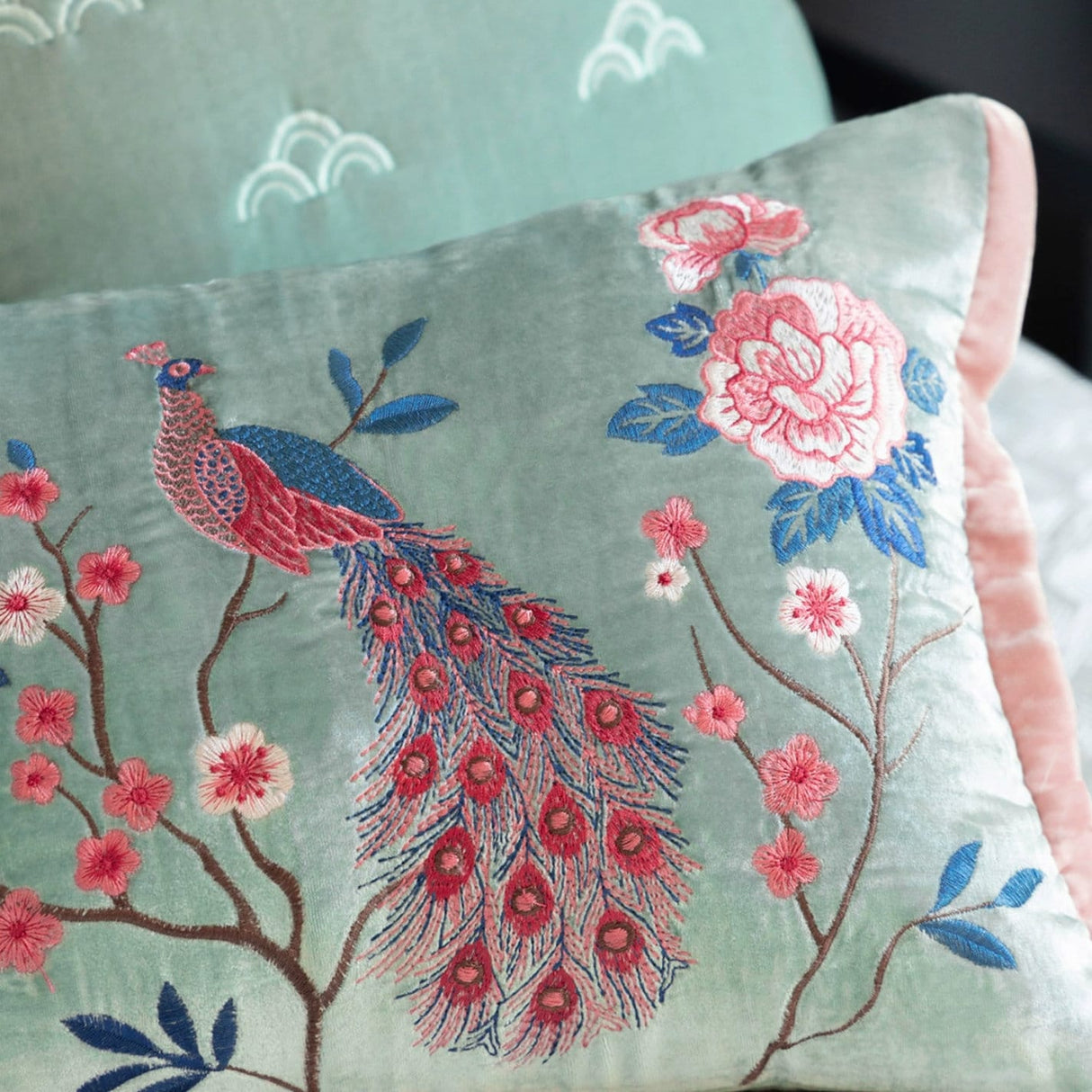 Peacock and peony Velour Embroidery Cushion, Cyan Embroidery Pillow Covers, Decorative Pillows, Housewarming gift