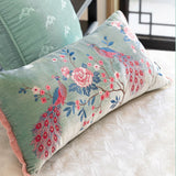 Peacock and peony Velour Embroidery Cushion, Cyan Embroidery Pillow Covers, Decorative Pillows, Housewarming gift