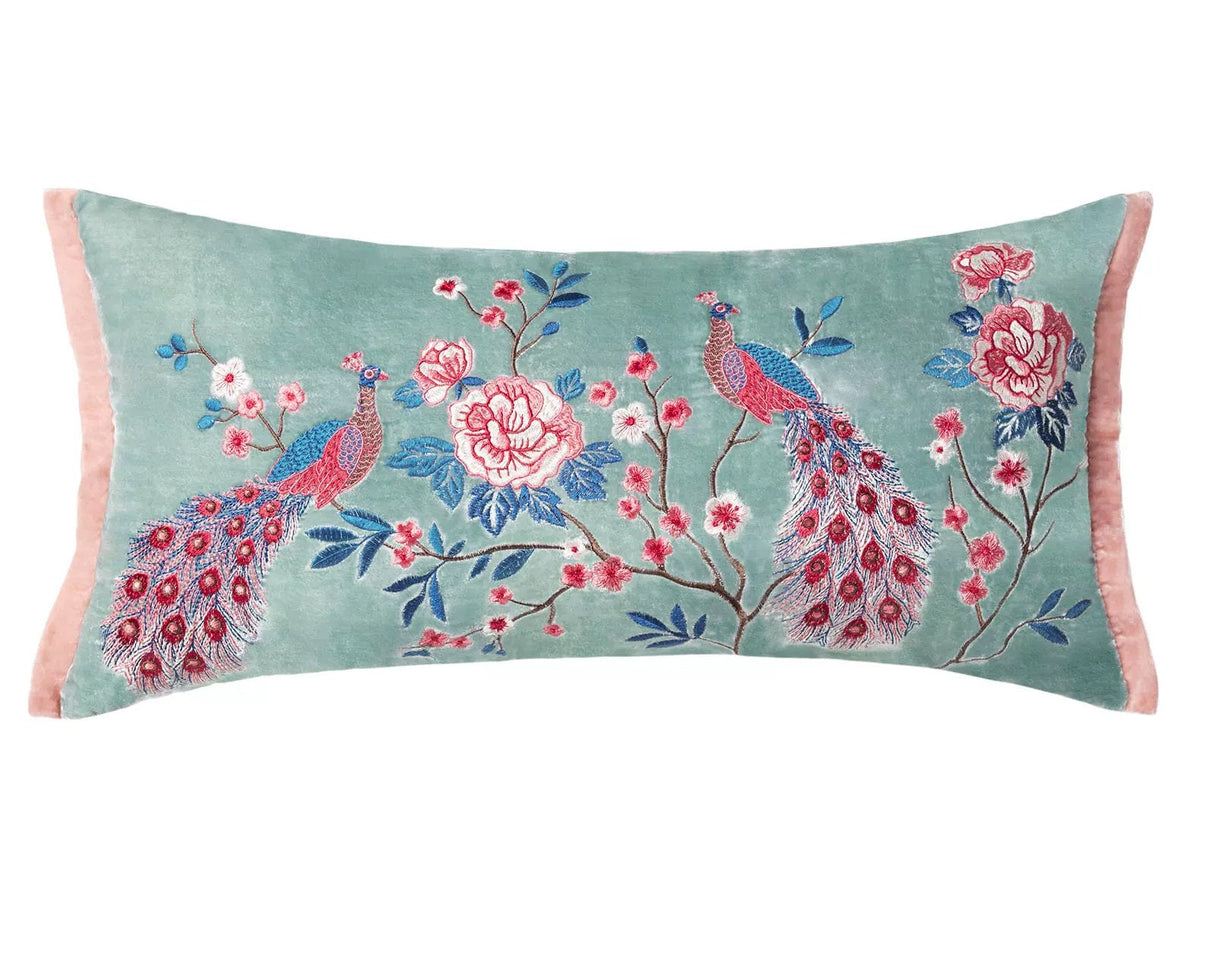 Peacock and peony Velour Embroidery Cushion, Cyan Embroidery Pillow Covers, Decorative Pillows, Housewarming gift