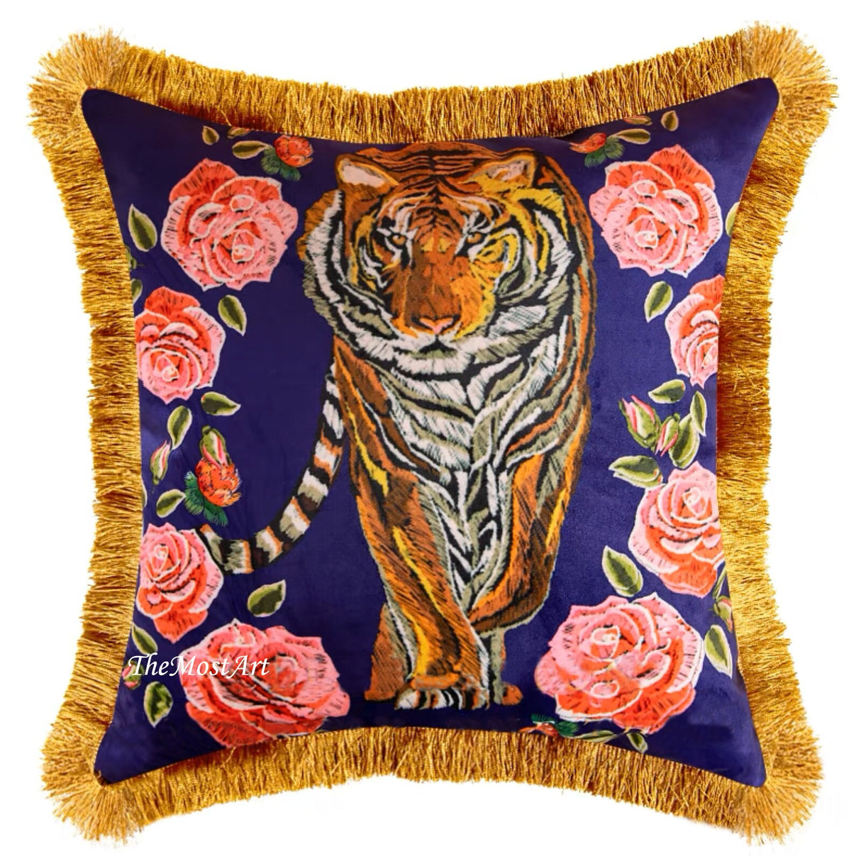 Luxury Red/Peacock Blue Heavy Velvet Printed Tiger Retro Inspired Pillow Cover,Tassel Decorative Pillows, Housewarming gift