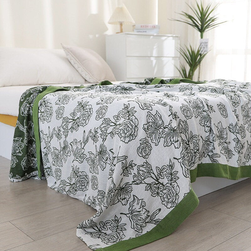 Floral Jacquard Blanket Throw Bed Cover Decor , Cotton Bamboo  Bed Throw Blanket, Housewarming gift.