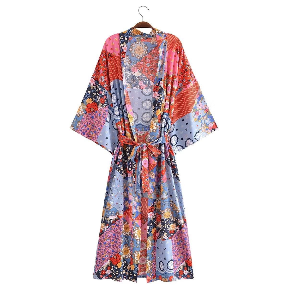 Cotton Kimono Boho Vintage Abstract Flowers Print Sashes Women Bohemian V Neck Batwing Sleeves happy short robe Kimono Jacket,gift for her