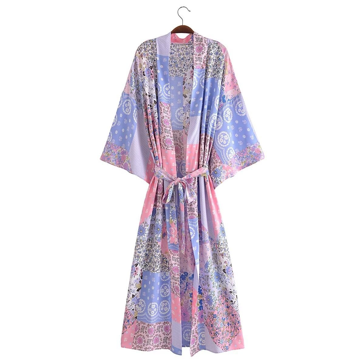 Cotton Kimono Boho Vintage Abstract Flowers Print Sashes Women Bohemian V Neck Batwing Sleeves happy short robe Kimono Jacket,gift for her
