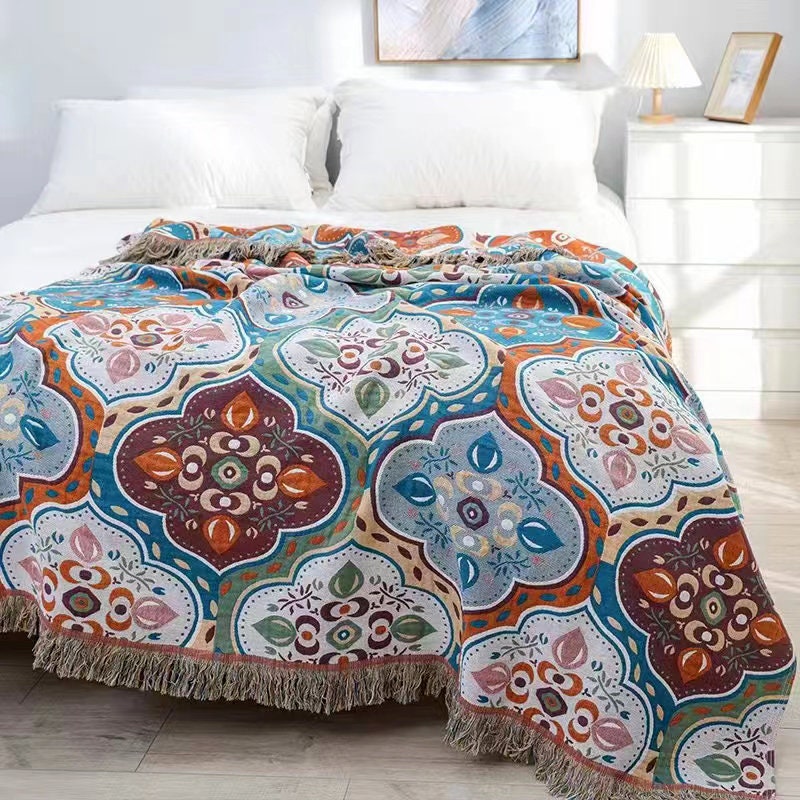 Bohemia Cotton Throw Bed Cover 100% cotton Muslin Woven Sofa Throw Home Decor, 59x79"Tassel Bed Throw Blanket, Housewarming gift.