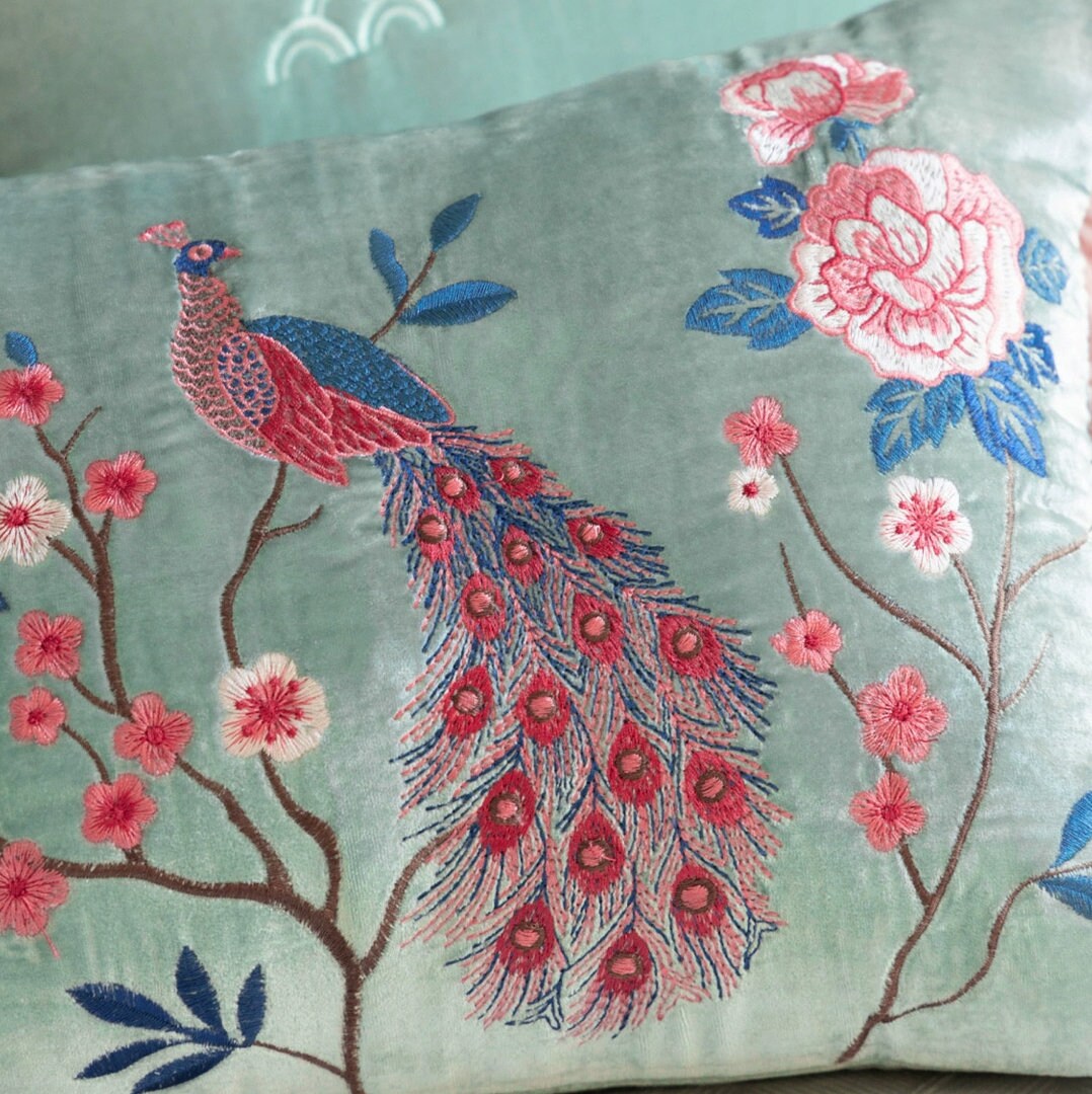 Peacock and peony Velour Embroidery Cushion, Cyan Embroidery Pillow Covers, Decorative Pillows, Housewarming gift