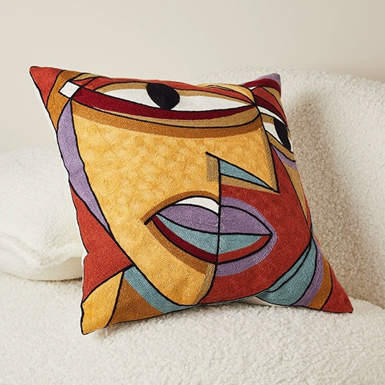 Abstract Picasso Canvas Cotton Embroidery Cushion Cover, Embroidery Pillow Covers, 18x18" Decorative Pillows, Housewarming gift