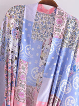 Cotton Kimono Boho Vintage Abstract Flowers Print Sashes Women Bohemian V Neck Batwing Sleeves happy short robe Kimono Jacket,gift for her