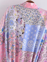 Cotton Kimono Boho Vintage Abstract Flowers Print Sashes Women Bohemian V Neck Batwing Sleeves happy short robe Kimono Jacket,gift for her