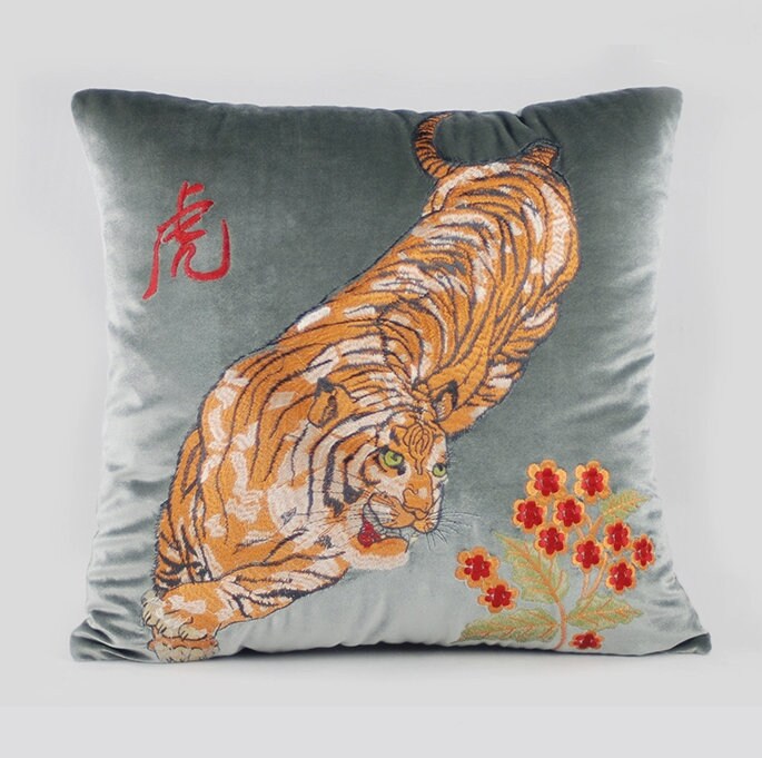 Luxury Velvet Tiger Retro Inspired Embroidery Pillow Cover,20"X20" Decorative Pillows, Housewarming gift