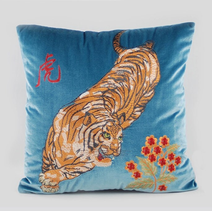 Luxury Velvet Tiger Retro Inspired Embroidery Pillow Cover,20"X20" Decorative Pillows, Housewarming gift