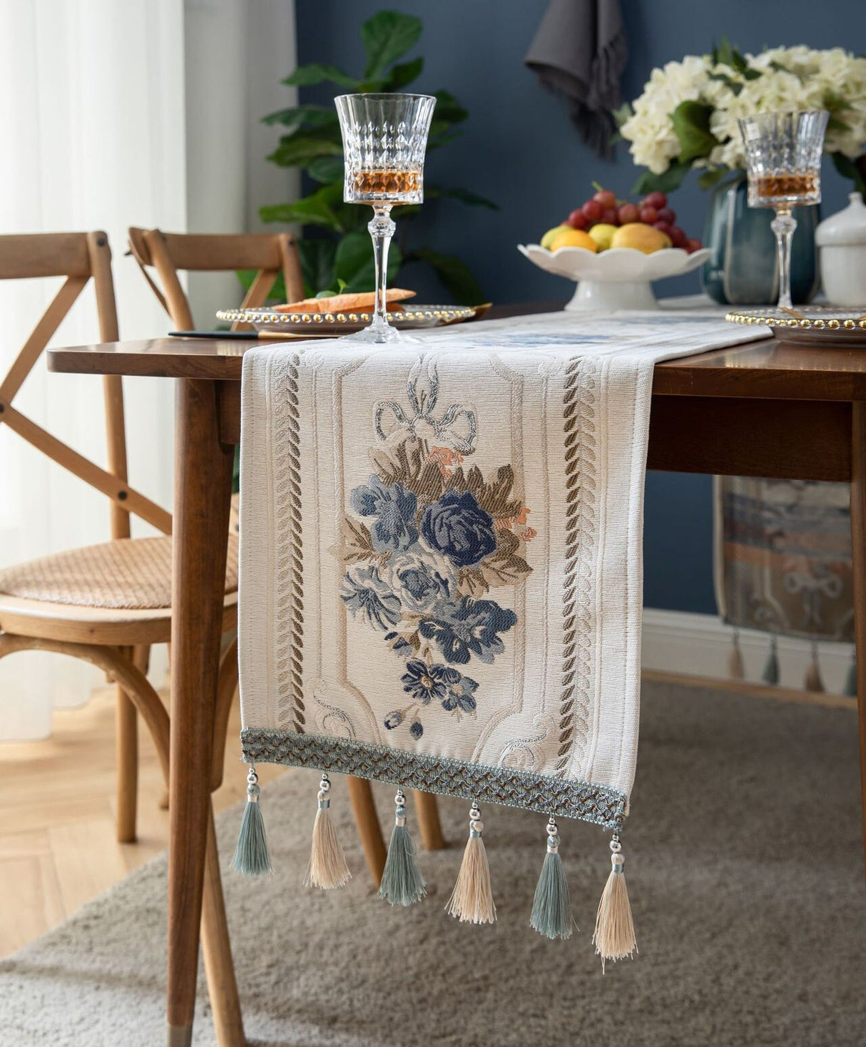 Stylish Jacquard Flowers Designed Table Runner ,Tassel Table Runner, Modern table setting, Housewarming gift