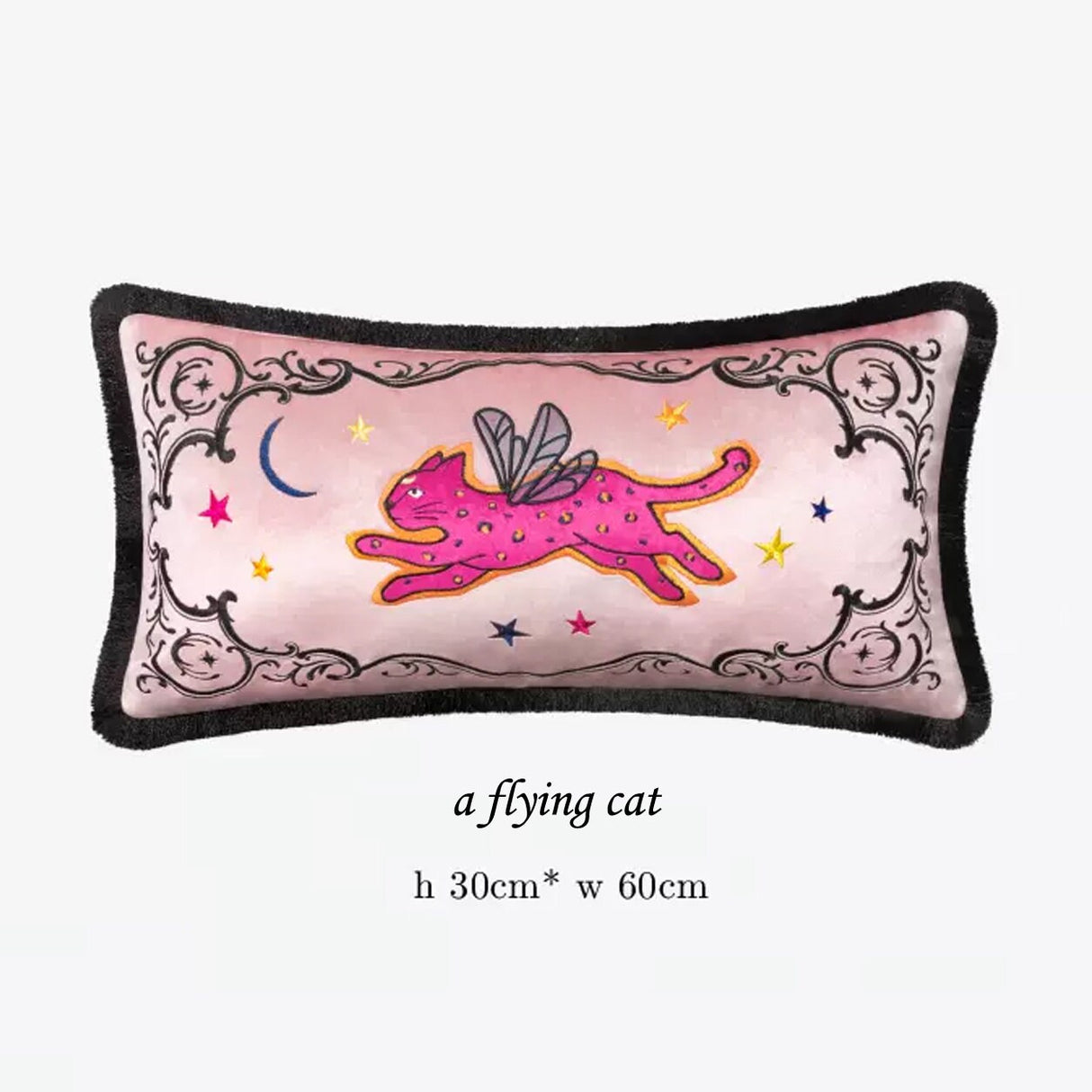 Luxury Velour Flying cat Retro Inspired Pillow Cover,Embroidery Pillow Covers, Tassel Pillow, Decorative Pillows, Housewarming gift