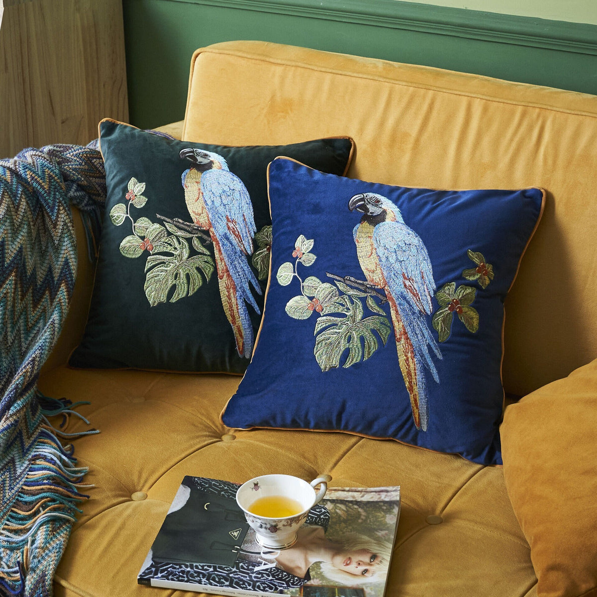Velvet embroidery parrot embroidery cushion cover,Embroidery Pillow Covers, Available in two color,Decorative Pillows, Housewarming gift