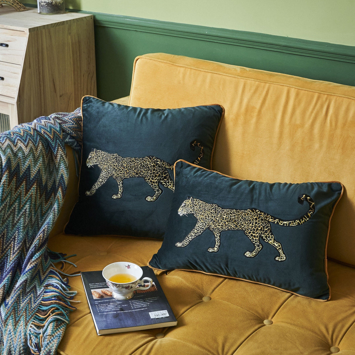 Velvet embroidery cheetah embroidery cushion cover,The edge with piping, Available in two size,Decorative pillows, Housewarming gift