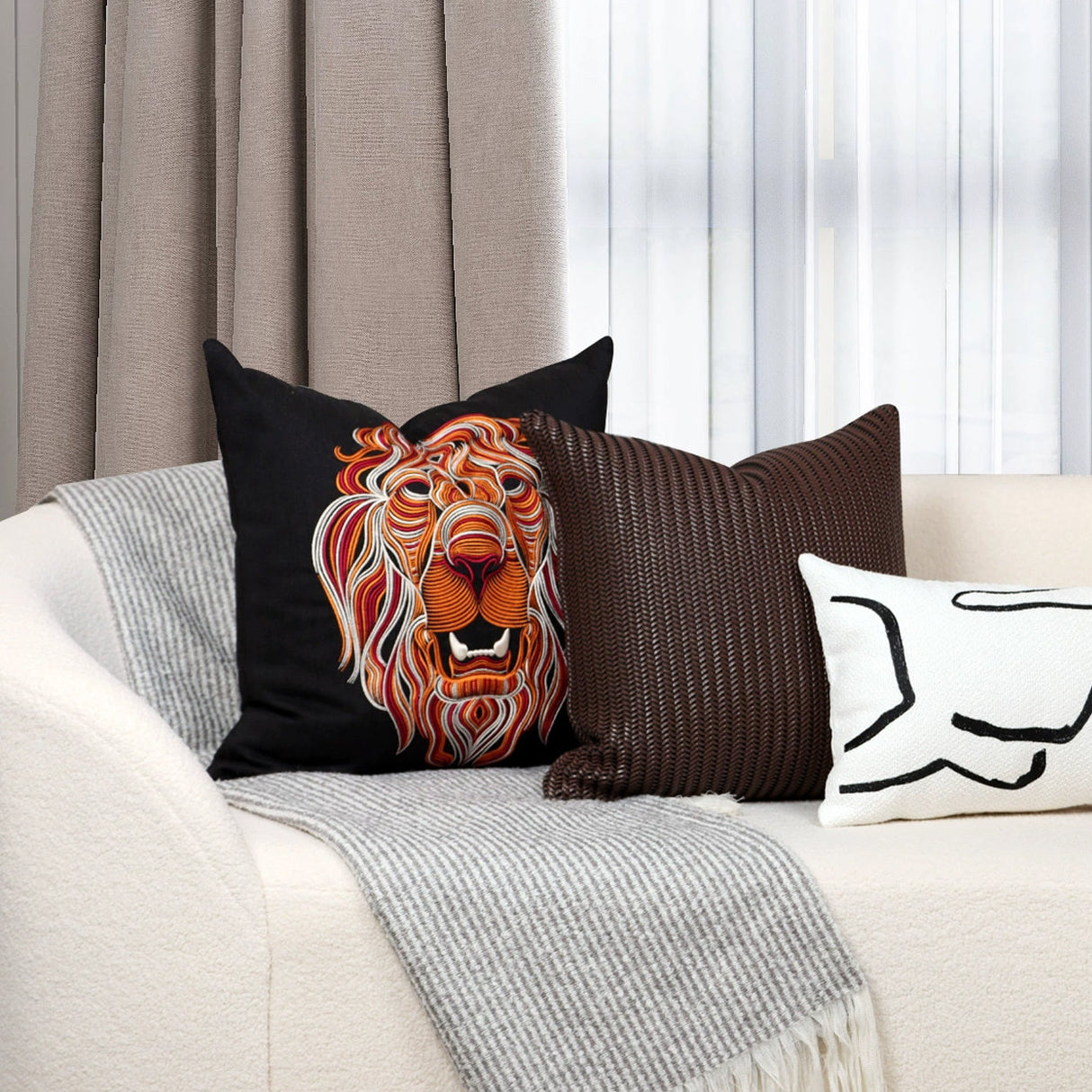 Luxury Velour Multi stitch lion embroidery Textured Pillow Cover,Embroidery Pillow Covers, 18x18", Decorative Pillows, Housewarming gift