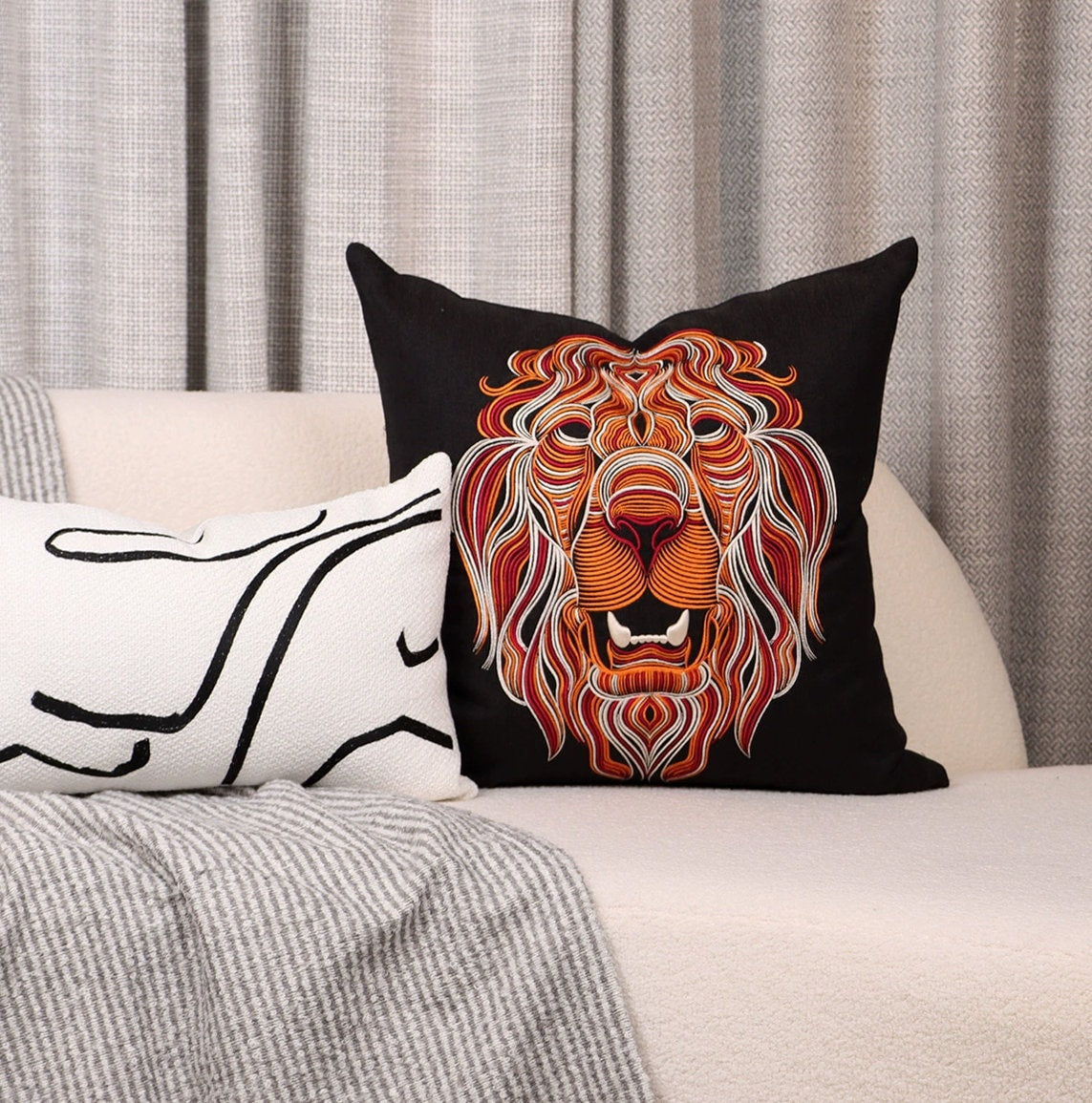 Luxury Velour Multi stitch lion embroidery Textured Pillow Cover,Embroidery Pillow Covers, 18x18", Decorative Pillows, Housewarming gift