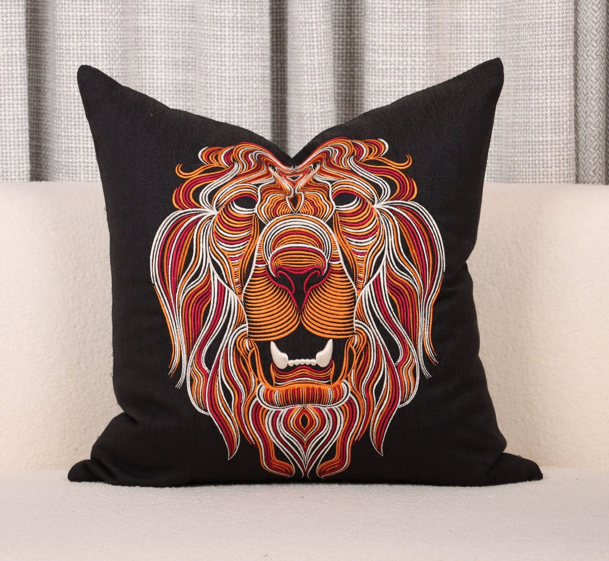 Luxury Velour Multi stitch lion embroidery Textured Pillow Cover,Embroidery Pillow Covers, 18x18", Decorative Pillows, Housewarming gift