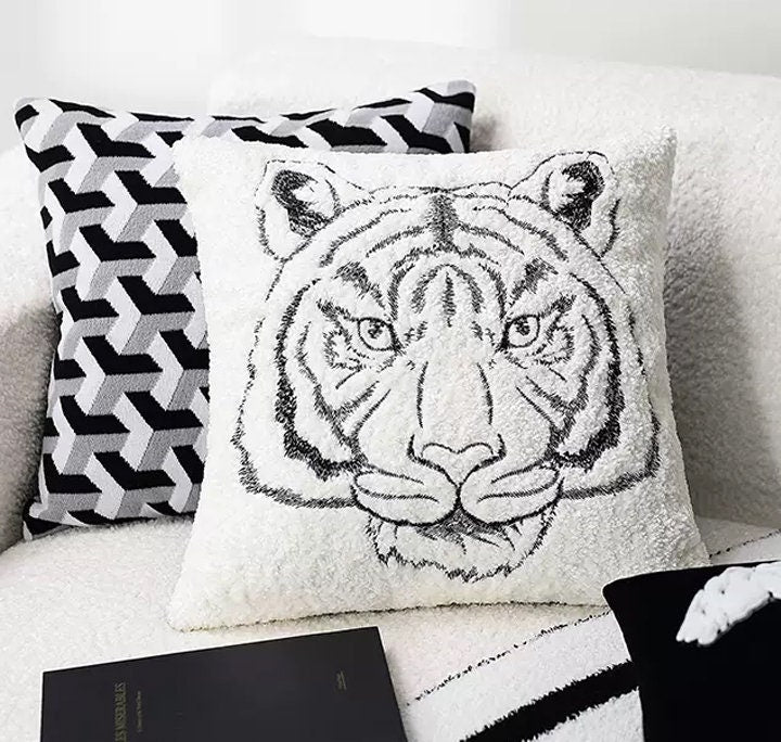 Luxury Velour white tiger embroidery Appliqué Textured Pillow Cover,Embroidery Pillow Covers, Decorative Pillows, Housewarming gift