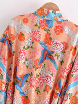 Cotton Kimono Boho Vintage Fly Bird Print Sashes Women Bohemian V Neck Batwing Sleeves happy short robe Kimono Jacket,gift for her