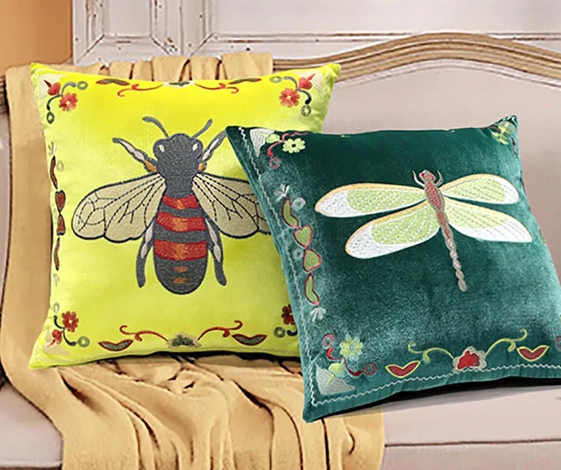 Luxury Velvet Flying Dragonfly Retro Inspired Pillow Cover,Embroidery Pillow Covers, Decorative Pillows, Housewarming gift