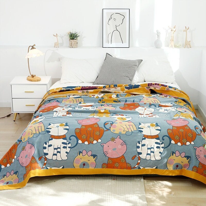 Cute Cat Cotton Throw Blanket Cotton Muslin Bedcover Sofa Blanket, Decorative Bed Woven Cotton Blanket, Housewarming Gift.