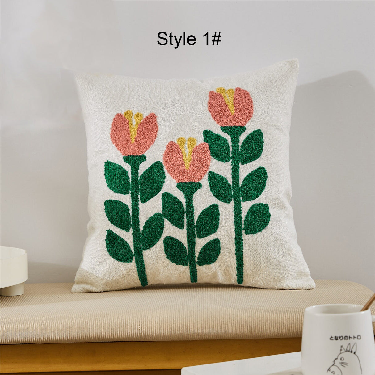 Flower Embroidered Cushion Cover 18x18",Cotton Tufted Textured Pillow Case,Decorative Pillows,Housewarming gift.