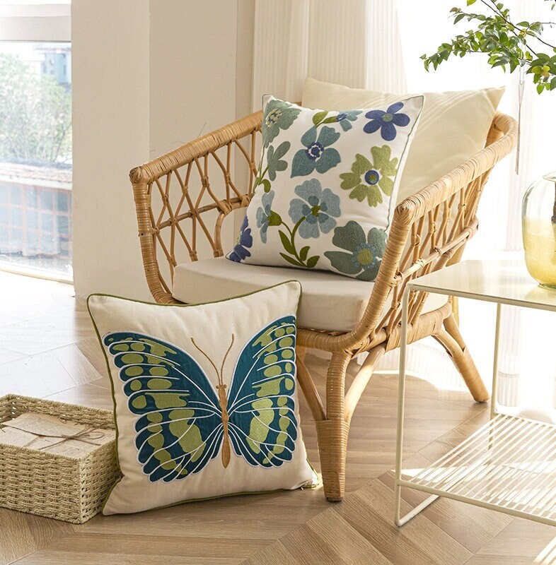 Canvas cotton embroidery butterfly embroidery cushion cover,Embroidery Pillow Covers, Decorative Pillows, Housewarming gift