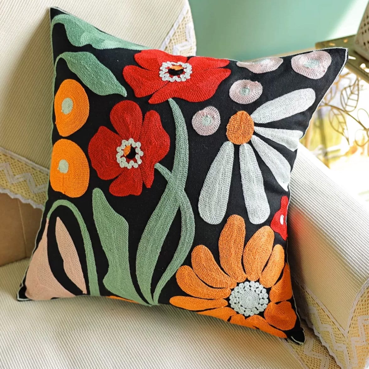 Flower Embroidered Cushion Cover 18x18",Cotton Tufted Textured Pillow Case,Decorative Pillows,Housewarming gift.