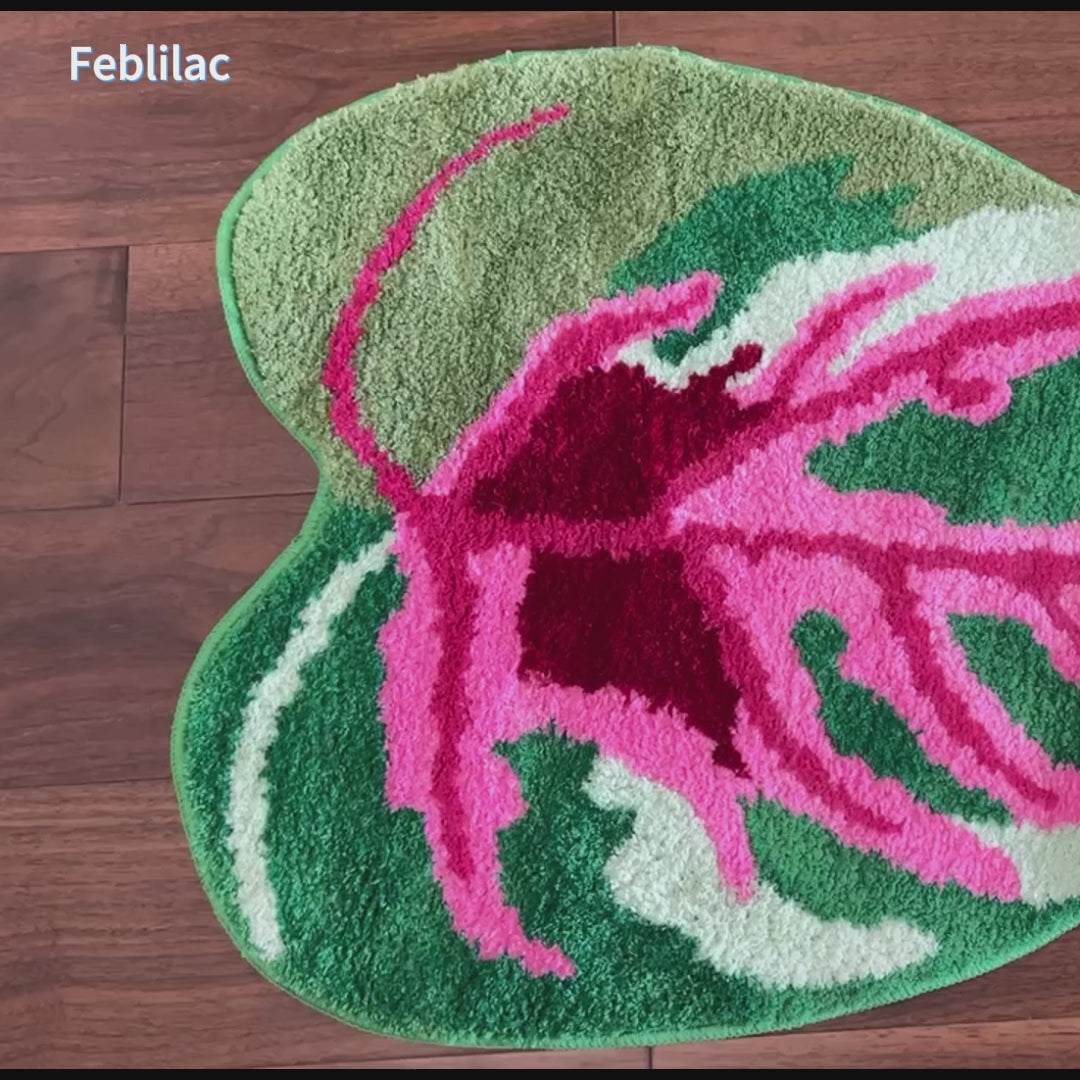 Leaf Shaped Bath Mat – Tropical Pink and Green Rug for Bathroom, Bedroom, Entryway