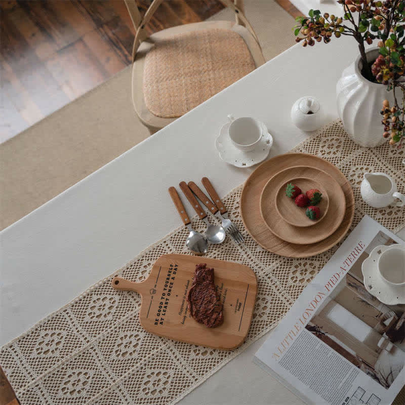 Beige Hollow-Out Stitching Tassel Tablecloth