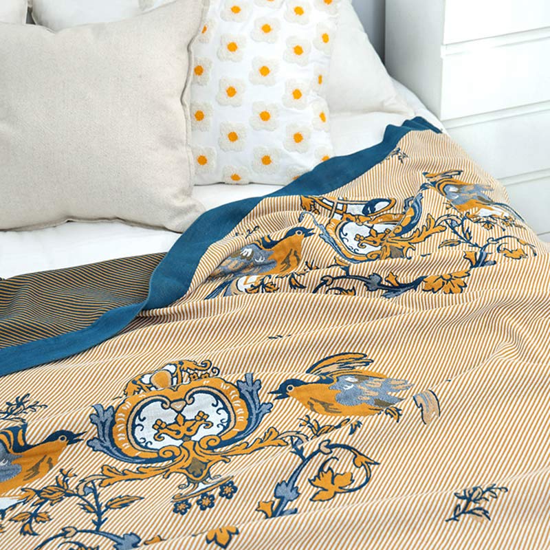 Bird Print Striped Cotton Reversible Quilt