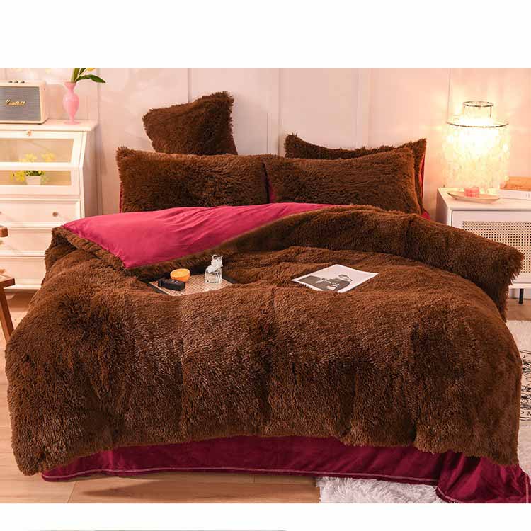 Solid Color Poly Mink Flannel Puffy Duvet Cover Bedding Set