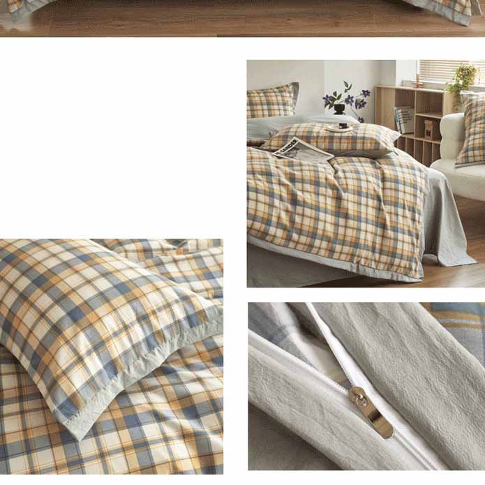 Autumn/Winter Yellow Grey Plaid bedding set Class A Washable Double Yarn Cotton/Linen Four-Piece Duvet Cover bedding Set