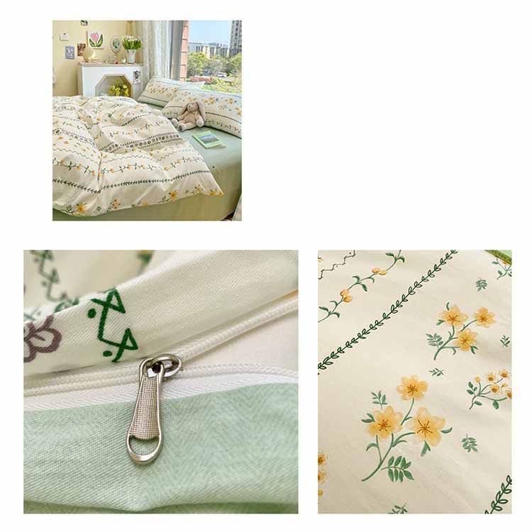 Orange Flower Green Leaves Stripe Bedding Set Washable 60s Cotton Duvet Cover Bedding Set