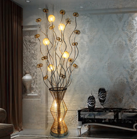 Gold LED Stand Up Lamp Art Decor Metallic Bamboo Basket Shape Reading Floor Light with Flower Decor