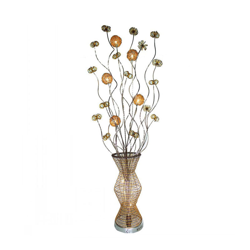 Gold LED Stand Up Lamp Art Decor Metallic Bamboo Basket Shape Reading Floor Light with Flower Decor