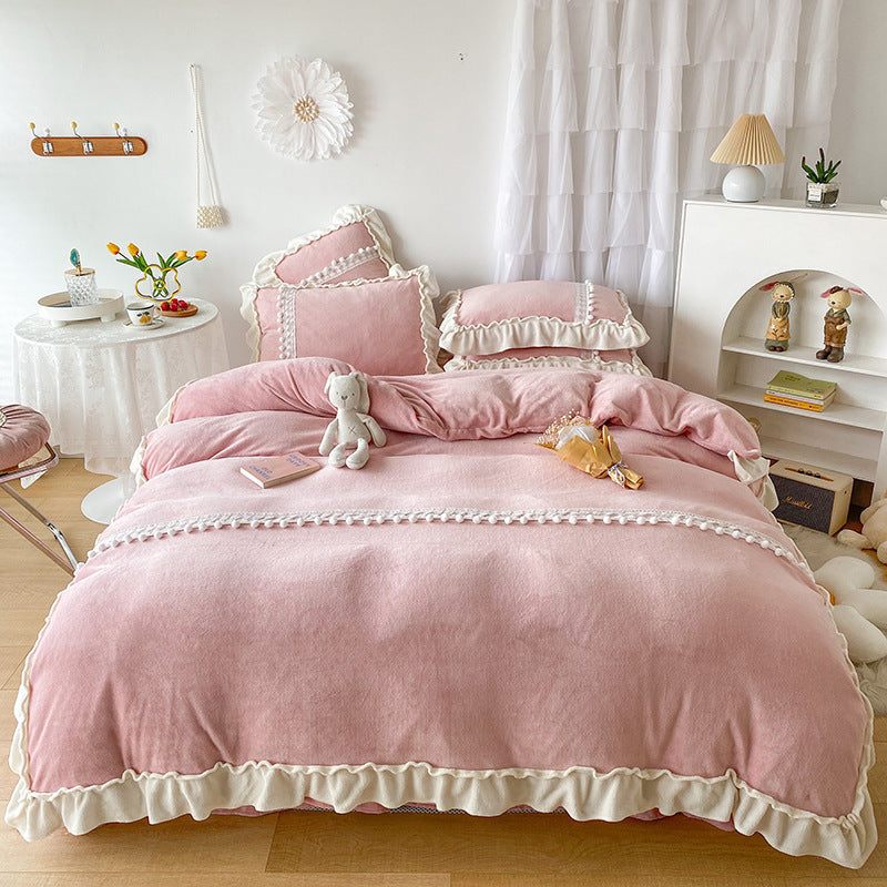 Thicken Pink Poly Milk Cashmere Flannel Duvet Cover Bedding Set