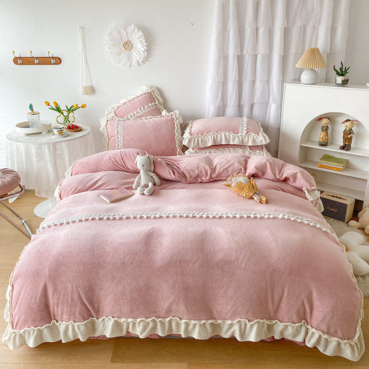 Thicken Pink Poly Milk Cashmere Flannel Duvet Cover Bedding Set