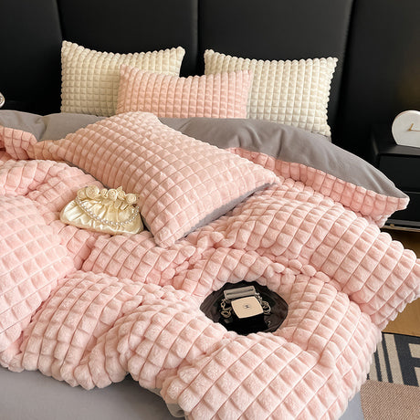Solid Color Poly Rabbit Wool Flannel Puffy Duvet Cover Bedding Set