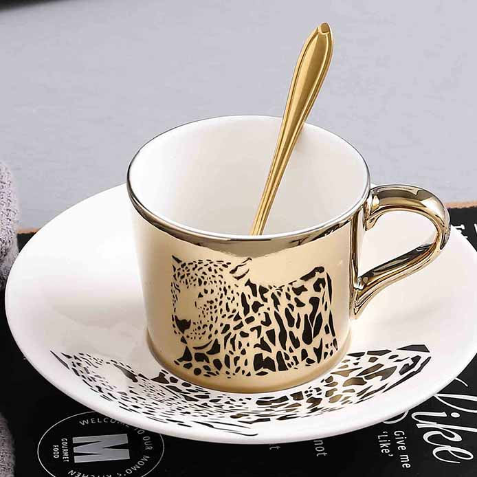 Reflection Ceramic Coffee Cup, European Electroplated Mirror Coffee Cup and Saucer Set