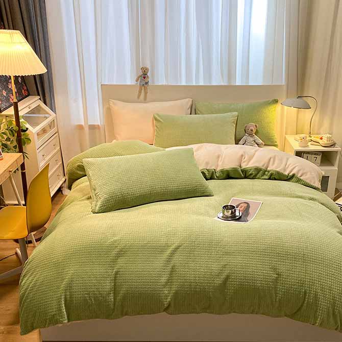 Waffle Coral Fleece Green/Yellow/Coral/Grey Solid Duvet Cover Bedding Set