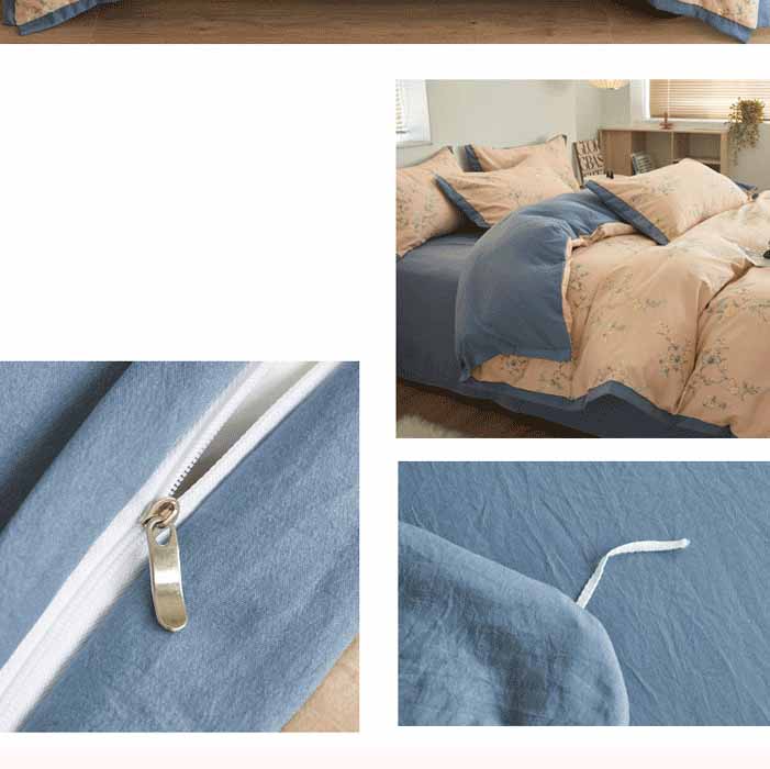 Autumn/Winter Light Orange Blue Flowers bedding set Class A Washable Double Yarn Cotton/Linen Four-Piece Duvet Cover bedding Set